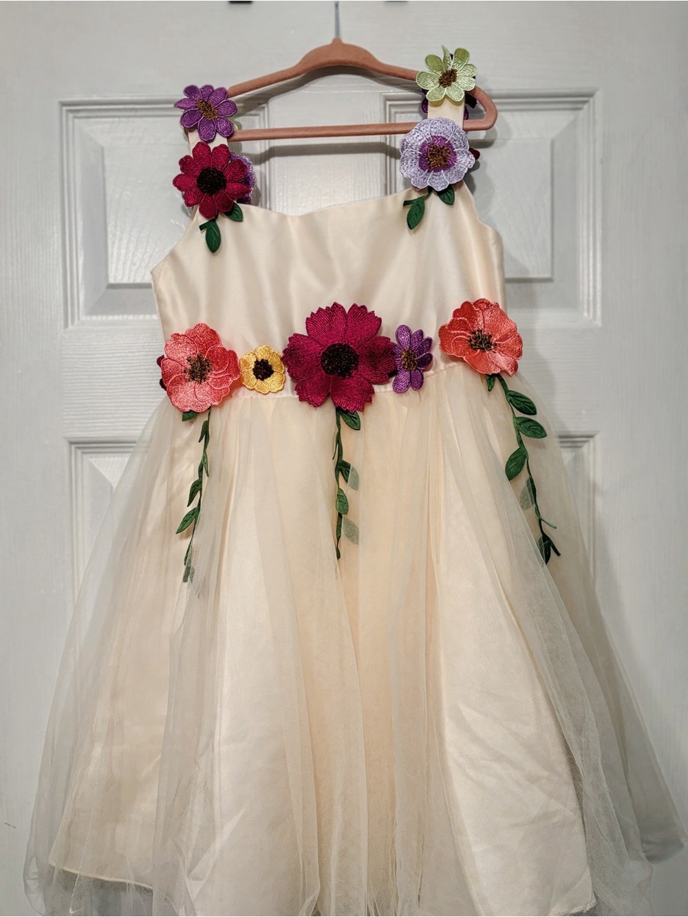 Floral Appliqué Cream Tulle Kids Dress